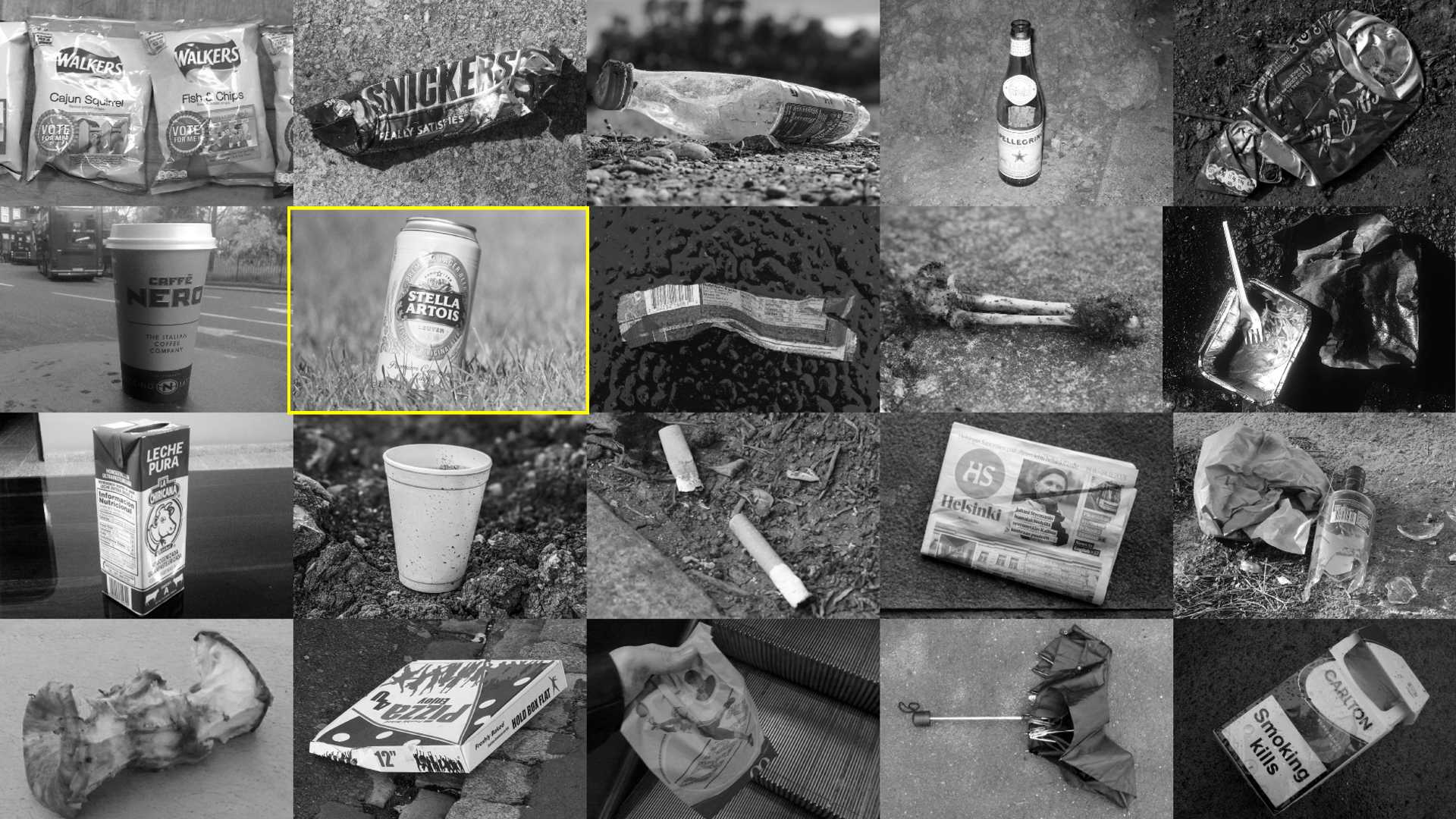 Used under CC BY 2.0:

“Walkers 5 trial crisp flavours" by Frankie Roberto
“Really Satisfies" by Frankie Roberto 
“C-_6667_sm-1" by Julian Stallabrass
“Close-up of an empty plastic milk bottle on the ground" by Ivan Radic
“Upscale Litter" by David Ashleydale
“High quality rubbish" by Colin Mutchler
“Rubbish" by Bruno Girin
“Leche" by Rich Young,
“White plastic cup on the ground" by Ivan Radic
“Cheeze I love cheeseburgers!" by Lauri Rantala
“712-21" by Julian Stallabrass
“Takeaway and Broken Booze" by Michael Coghlan
“News for the week" by Henry Söderlund
“Apple Core" by Ozzy Delaney
“Throw away pizza box" by crabchick
“Broken umbrella" by jon jordan
“Smoking kills" by Jeremy Segrott
“wrapper" by Paul Comstock

Used under CC BY-SA 2.0

“Cigarette Butts" by jstanley3
“Ants attacking a chicken bone" by Ozzy Delaney

All images cropped, desaturated, resampled and recoloured from original.